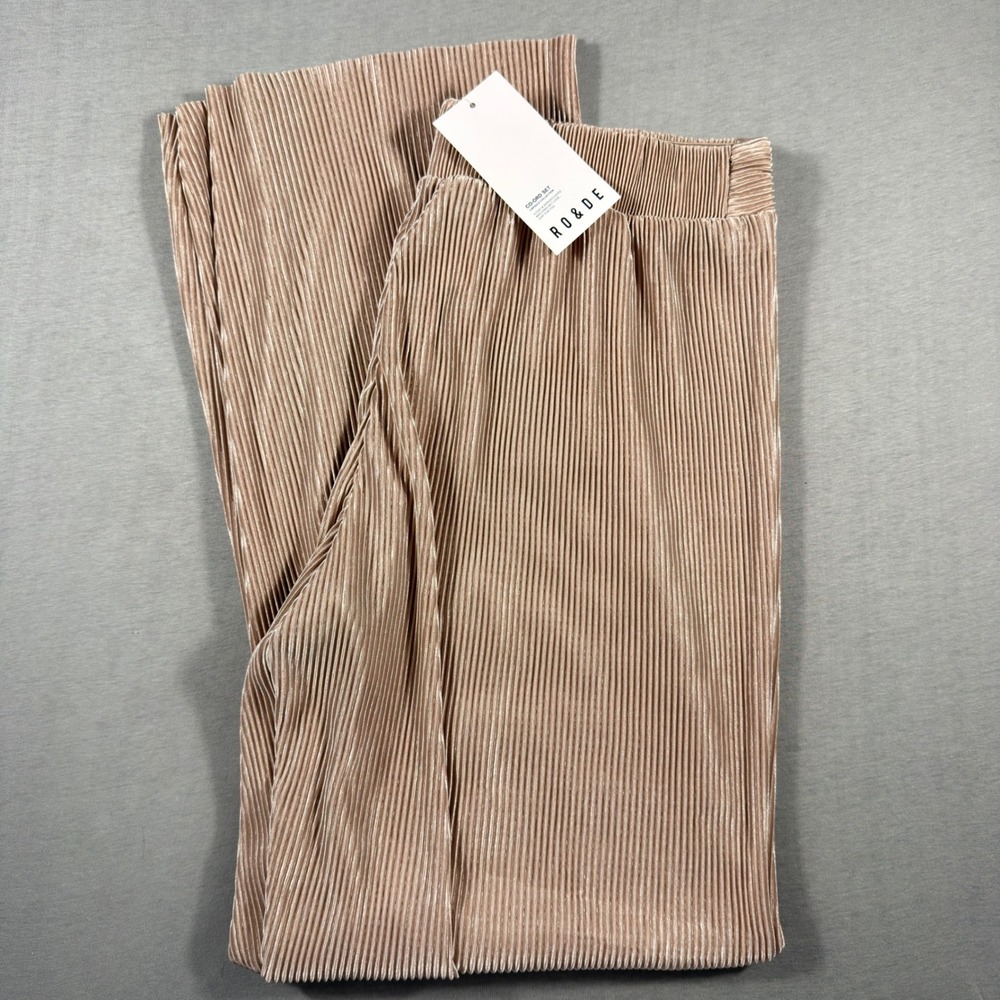 RO&DE Pleated Wide Leg Pants‎ Rose Gold Metallic Plisse Womens Large NWT
